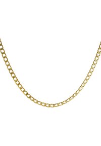 Goldfarbene Metallkettenschnur mit ovalen Gliedern, die eine glatte Textur und ein einheitliches Design aufweist, hängt vor einem weißen Hintergrund.