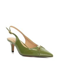 Green patent leather slingback shoe with pointed toe and a small heel. Features a gold accent at the front and a buckle on the strap.