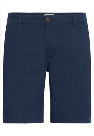 Navy siniset miesten shortsit, joissa on nappisulku, vyölenkit ja etupaljetaskut, valmistettu sileästä puuvillakankaasta.