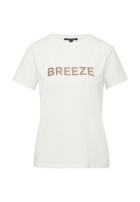Weißes Baumwoll-T-Shirt mit dem Wort "BREEZE" in einer braunen, strukturierten Schriftart, klassischem Rundhalsausschnitt und kurzen Ärmeln.