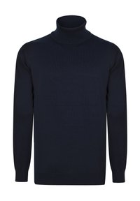 Navyblauer Rollkragenpullover aus Strickstoff, mit langen Ärmeln und gerippten Bündchen, mit glatter Textur und figurnahen Design.