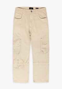 Beżowe spodnie cargo ze stunnen z bawełny, z wieloma bocznymi kieszeniami, prostą nogawką i wzmocnionymi kolanami z detalami w szwie.