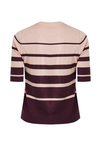 Kortærmet sweater med rund halsudskæring, der har vekslende bordeaux og lys pink horisontale striber, lavet af et glat strikstof.
