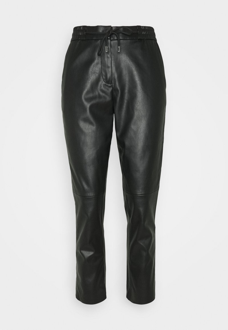 Pantalon fuselé en similicuir noir avec taille élastique et cordon à l'avant, présenté sur un fond blanc uni.