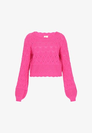Maglione corto lavorato a maglia di colore rosa acceso con maniche lunghe, caratterizzato da un motivo a trafori e polsini e orlo a coste.