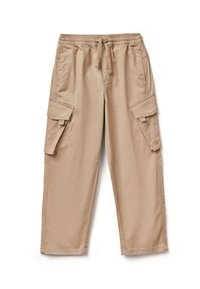 Beige cargo kalhoty s elastickým pasem a š�ňůrkou, které mají dvě boční kapsy a dvě cargo kapsy, vyrobené z odolné látky.