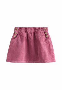 Gonna di velluto a coste rosa con elastico in vita, due tasche laterali e tre bottoni a forma di cuore in legno su ciascun lato per un tocco decorativo.