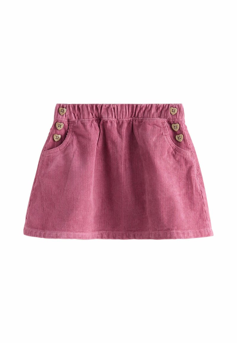 Gonna di velluto a coste rosa con elastico in vita, due tasche laterali e tre bottoni a forma di cuore in legno su ciascun lato per un tocco decorativo.