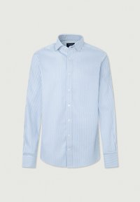 Chemise rayée boutonnée bleu clair et blanc. Dotée d'un col classique, de manches longues et de boutons blancs avec un tissu texturé.