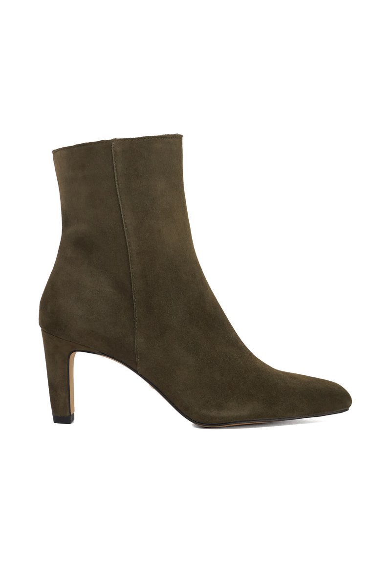 Olive green suede ankle boot with a pointed toe and a slim high heel. Smooth texture with a seamless design, featuring a tall shaft.