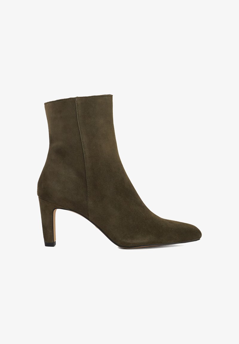 Olive green suede ankle boot with a pointed toe and a slim high heel. Smooth texture with a seamless design, featuring a tall shaft.