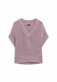 Littehihapulik, V-kaulanauhalla varustettu neule vaaleanlilana. Valmistettu neulotuista kankaista, joissa on ribbikuvio reunoissa, rento ja löysä istuvuus sekä avosilmukkatuntuma.