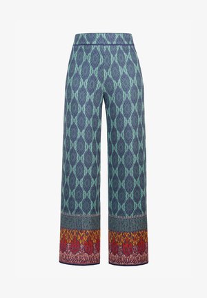 Laiade lõikega püksid türkiissinise ja mereväe sinise rombimustriga, alumisel äärisel mitmevärviline lillene ja geomeetriline ääristus.