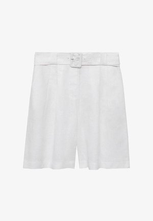White linen shorts featuring a wide leg, a high waist, and a matching belt. The texture appears soft and lightweight.
