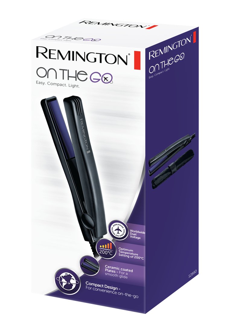 Piastra per capelli da viaggio Remington con piastre in ceramica nera, design compatto, temperatura ottimale di 200°C, dual voltage.