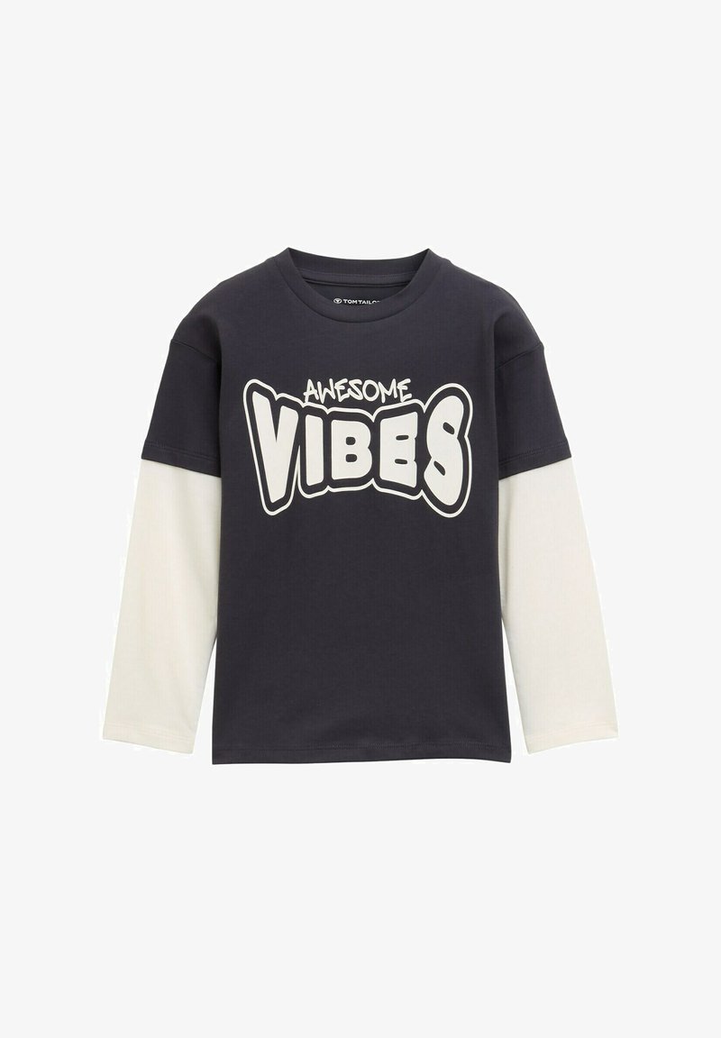 Dark navy long-sleeve t-shirt featuring white sleeves, a round neck, and a bold "AWESOME VIBES" graphic in large white letters.