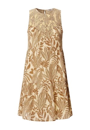 Vestido beige sin mangas con estampado botánico de hojas marrones, escote redondo y detalle fruncido en la pechera.