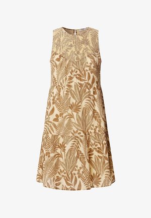 Ärmelloses beiges Kleid mit braunem botanischem Blättermotiv, Rundhalsausschnitt und gerafftem Passe am Brustbereich.