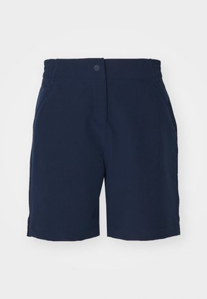 Pantaloni scurți bleumarin dintr-un material neted, cu talie elastică, buzunare frontale și un design simplu, cu picioare drepte.