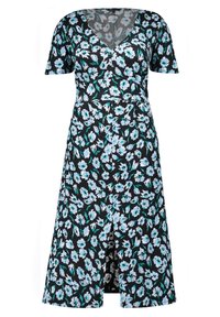 Robe fleurie avec un fond noir ornée de fleurs bleu clair et vertes, col en V, manches courtes, et une jupe fluide arrivant au genou.