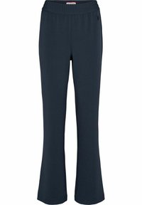 Marineblauwe uitlopende broek van zacht, rekbaar materiaal. Voorzien van een elastische tailleband en een gladde textuur, geschikt voor casual kleding.