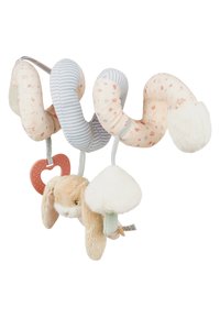 Flexible toy in pastel colors with floral and striped patterns. Features a plush rabbit, a soft heart-shaped teether, and fluffy accents.