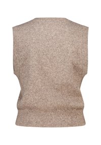 Gilet sans manches beige avec un ourlet côtelé, fabriqué à partir d'un matériau doux et texturé, présentant un motif mélangé subtil dans le dos.