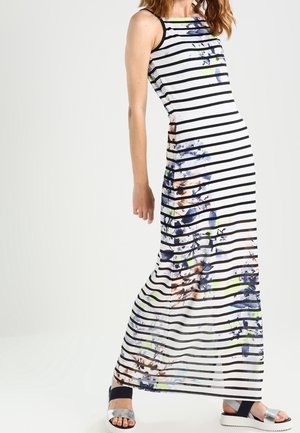 Maxikleid mit schwarz-weißen horizontalen Streifen, das am Saum ein florales Aquarelldesign in Blau- und Grüntönen aufweist. Material aus Baumwollmischung.