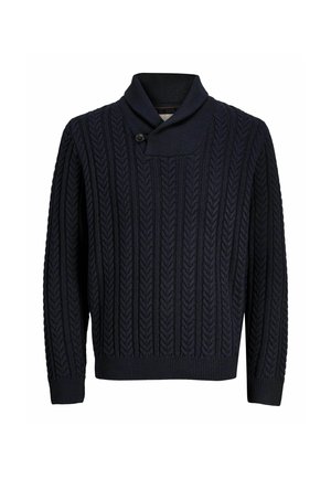 Pulover tricotat de culoare albastru marin, cu guler tip șal, având un model texturat în cablu, închidere cu un singur buton și manșete și tiv din tricot rib.