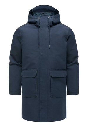 Marineblå hettejakke med glidelås foran, trykknapp-lukking, justerbare snorer og to store klafflommer foran.