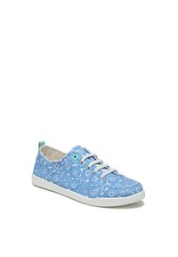 Blauwe stoffen sneakers met een bloemmotief, voorzien van grijze veters, een witte zool en een groene accent op de hiel. Voelt glad aan.