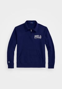 Mörkblå sweatshirt med halvhög krage med dragkedja, framfickan i kängurustil och broderad "Polo Ralph Lauren"-logotyp på bröstet.