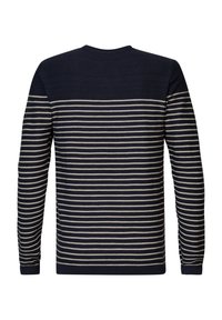 Marineblauwe gestreepte sweater met beige horizontale strepen, ronde hals, lange mouwen en een gladde textuur. De achterkant toont een consistent patroon.