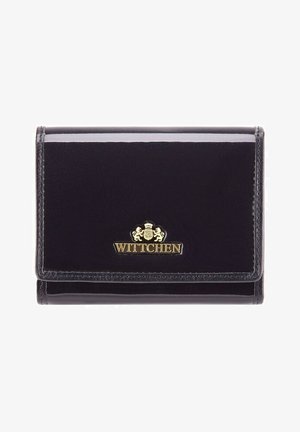 Zwarte gepolijste leren portemonnee met een goudkleurig "Wittchen" logo, compact ontwerp en gladde textuur; heeft een vouwsluiting.