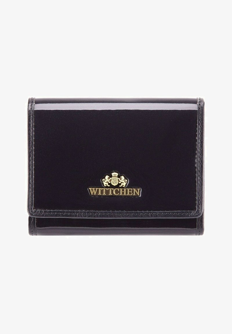 Černá peněženka z lakované kůže s logem "Wittchen" v zlatém tónu, kompaktní design a hladká textura; má překlopné zavření.