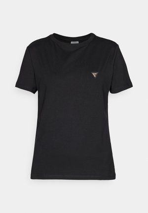 Zwarte T-shirt van zacht materiaal, met een ronde hals en korte mouwen. Het heeft een klein driehoekig logo op de borst.
