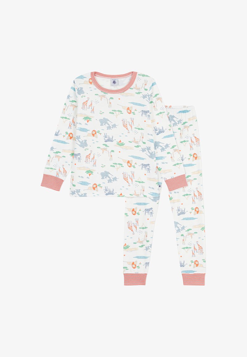 Pyjama à manches longues avec un motif animalier ludique aux couleurs pastel. Col et poignets en côtes avec rayures corail. Tissu en coton doux.
