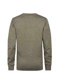 Sweter w stonowanej oliwkowej zieleni, z okrągłym dekoltem, długimi rękawami i prążkowanymi mankietami. Wykonany z miękkiego dzianiny.