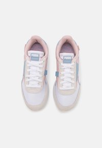 White sneakers featuring pink and light blue accents, mesh and suede materials, round toe, and classic lacing system.