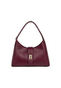 Sac à main en cuir bordeaux au design structuré, avec une anse supérieure et un détail de fermoir proéminent. Surface texturée avec une subtile brillance.
