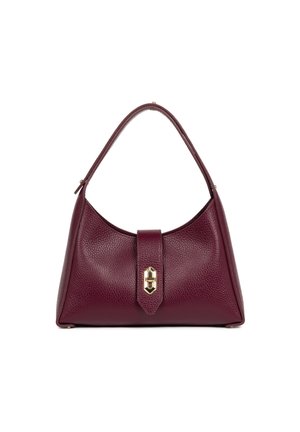 Borsa in pelle bordeaux con un design strutturato, manico superiore e un dettaglio del clasp prominente. Superficie texture con un leggero lucido.