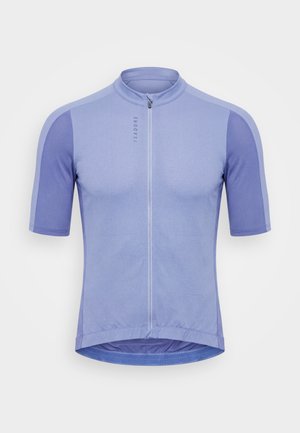 Tricou de ciclism cu mânecă scurtă de culoare violet deschis, fermoar frontal complet, guler înalt și panouri laterale și mâneci texturate violet închis.