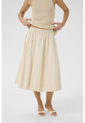 Cream-colored midi skirt with a gathered elastic waistband, made of lightweight fabric, featuring a smooth texture and voluminous shape.