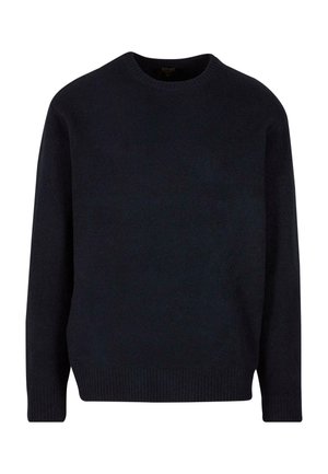 Marineblauer Strickpullover mit Rundhalsausschnitt, langen Ärmeln und gerippten Bündchen und Saum. Aus weichem Material gefertigt, mit nahtlosem Design.