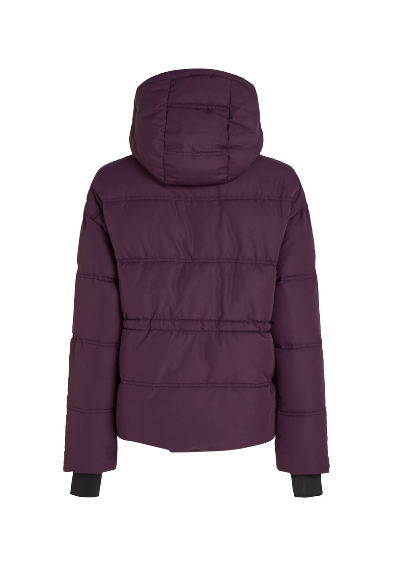 Rückenansicht einer lila Daunenjacke mit Kapuze, horizontal gestepptem Design und schwarzen Bündchen. Glatte Textur, isolierendes Material.