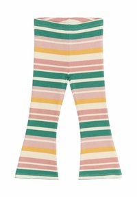 Pantaloni a zampa d'elefante a coste con righe verticali verde, rosa, giallo e crema. Vita elasticizzata, morbido tessuto e design casual.