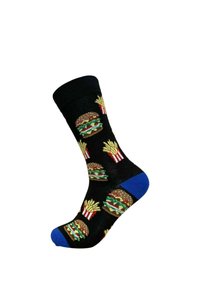 Chaussette noire avec l\\'orteil et le talon bleus, ornée de motifs de hamburgers colorés et de frites rayées rouges et blanches.