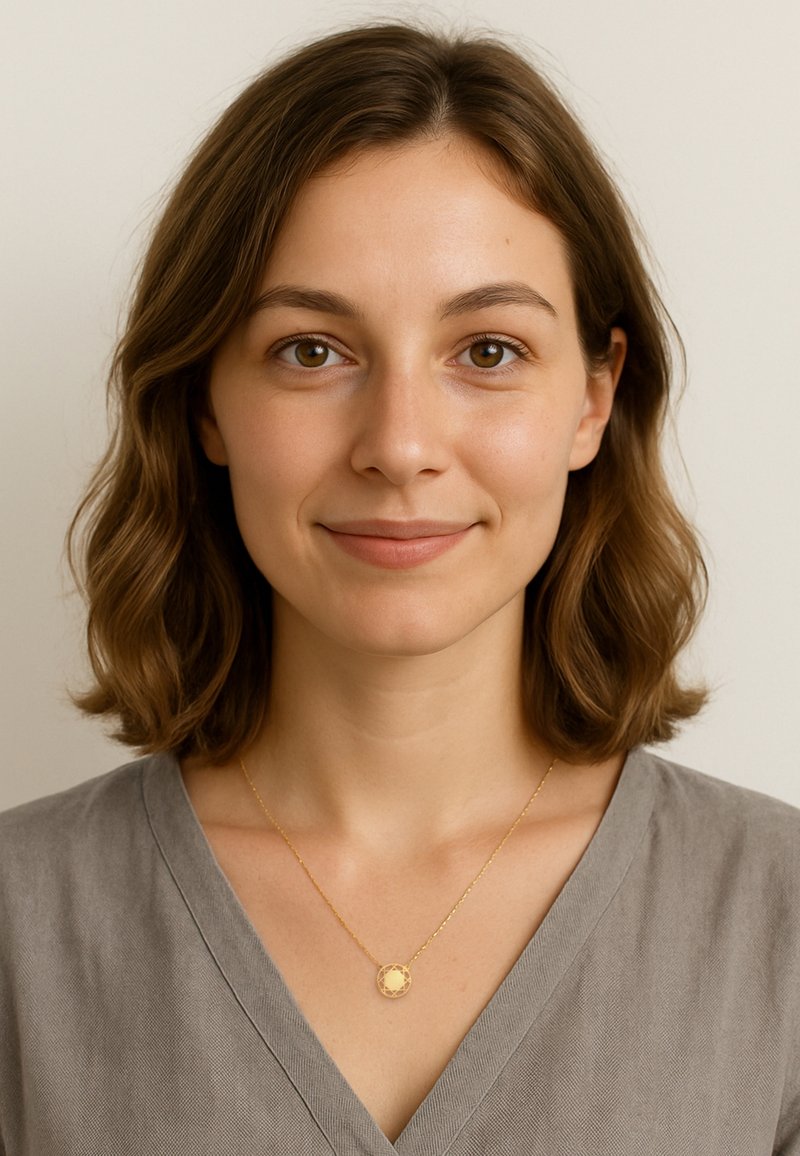 Collana d'oro con un pendente rotondo, indossata da una persona con capelli castani e vestita con un indumento grigio a scollo a V. Sfondo neutro.