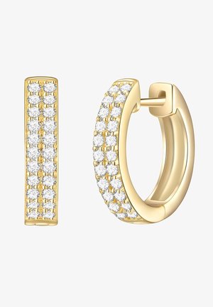 Boucles d'oreilles en or en forme de hoop, ornées d'une rangée de pierres précieuses rondes et transparentes, avec un design rectangulaire et une finition polie, dotées d'un fermoir sécurisé.