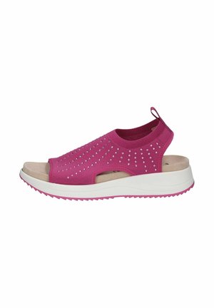 Pink knitted sandal with open toe and heel, decorated with rhinestones. Features a beige insole and white, textured outsole.